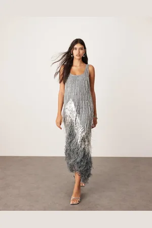 ASOS Scoop neck embellished tassel midi dress with faux feather hem in silver gray