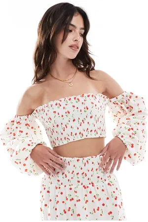 ASOS Shirred off shoulder top in cherry print - part of a set
