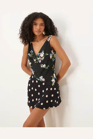 ASOS Cowl neck mini dress with asymmetric waist in spliced dot and floral print