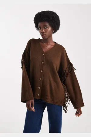 ASOS Fringe detail boyfriend cardigan in chocolate