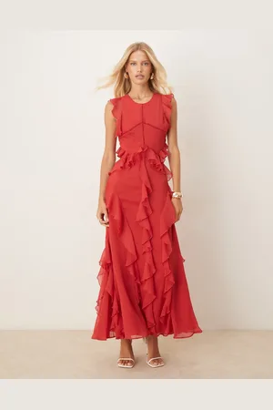 ASOS High neck ruffle maxi dress with lace inserts in dark cherry