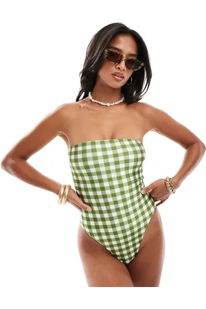ASOS Petite sleek bandeau swimsuit in gingham