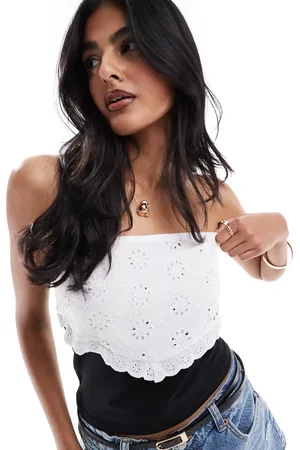 ASOS Bandeau top in black with contrast eyelet bib detail