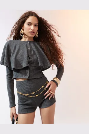 ASOS Fluffy rib button through cape cardigan in charcoal - part of a set