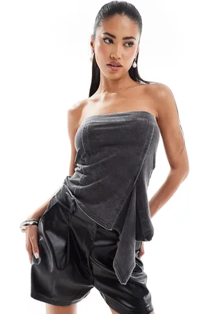 ASOS Denim look bandeau top with godet detail in charcoal wash