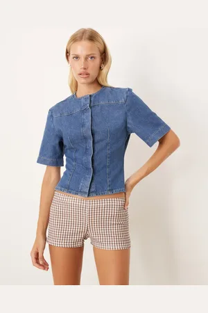 ASOS Denim collarless short sleeve top in mid