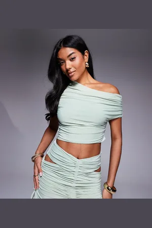 ASOS ASOS x THE SOURCED COLLECTION draped off shoulder top in sage - part of a set