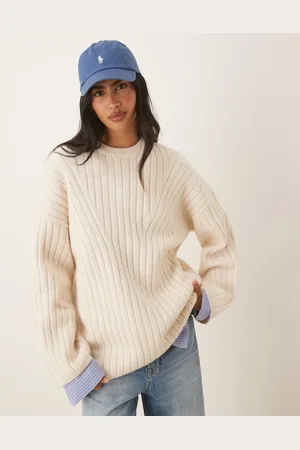 ASOS Longline crew neck sweater in rib in cream