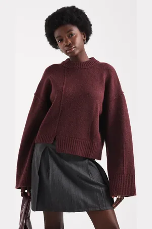 ASOS Crew neck sweater with seam front detail and stepped hem in plum