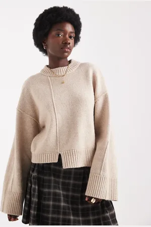 ASOS Crew neck sweater with seam front detail and stepped hem in rye