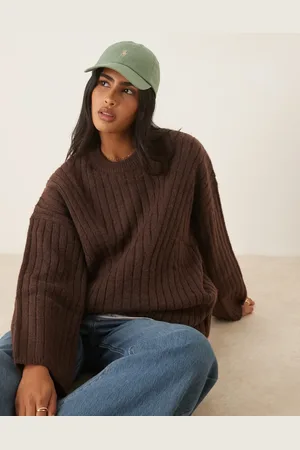 ASOS Longline crew neck rib knit sweater in chocolate
