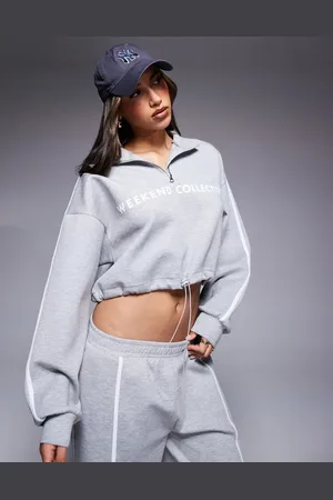 ASOS Weekend Collective half zip sweatshirt in scuba fabric with stripe detail in heather - part of a set