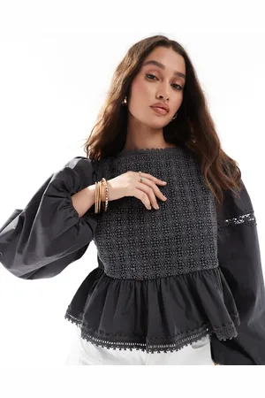 ASOS Lace insert bib detail long sleeve top in washed
