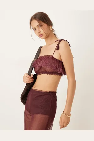 ASOS Sheer ruffle lace trim bralet top in berry - part of a set