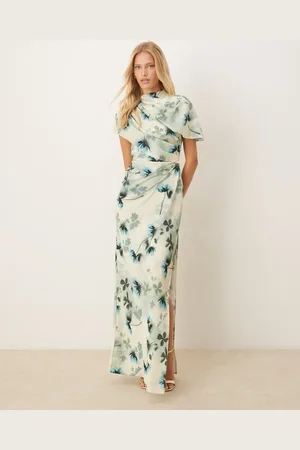 ASOS High neck draped bodice cape maxi dress in green floral print