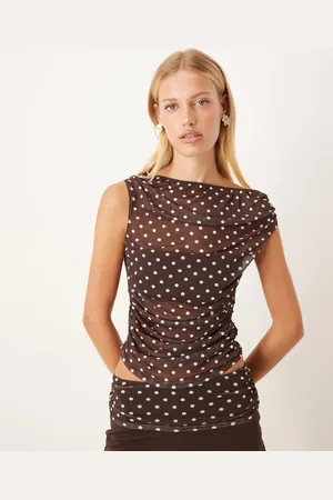 ASOS Gathered short sleeve off shoulder mesh top in brown polka dot - part of a set