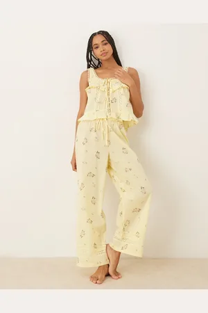 ASOS Frill button up cami top and pants pajama set in lemon floral print