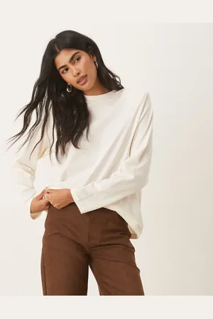 ASOS Grown on neck long sleeve crew neck top with shoulder pads in cream