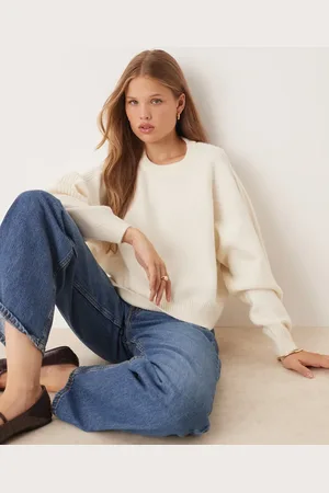 ASOS Crew neck sweater with raglan and fisherman ribbed sleeve detailing in cream