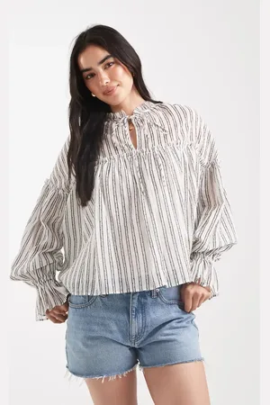 ASOS Tie neck ruffle detail crinkle long sleeve smock top in stripes
