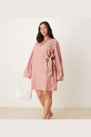 ASOS ASOS DESIGN Curve embroidered wrap shirt mini dress with wide cuff in stripe