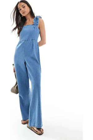 ASOS Soft denim jumpsuit with frill straps in light