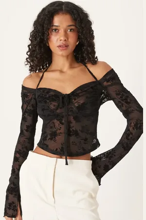 ASOS Long sleeve sheer flocked floral mesh top in