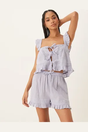 ASOS Frilly tie front cami top and shorts pajama set in dusty