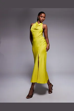 ASOS Satin high neck midi dress with cross strap detail in chartreuse