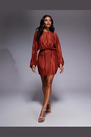 ASOS Plisse blouson sleeve and waist mini dress in rust