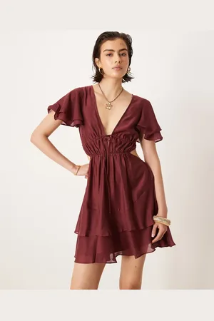 ASOS V neck angel sleeve cut out mini dress in deep grape