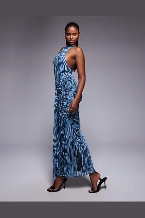 ASOS Sash front high neck sleeveless maxi dress in blue print
