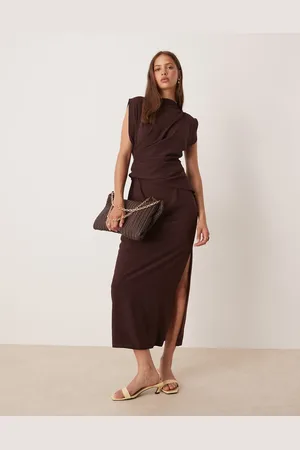 ASOS High neck drapey pleated midi dress in chocolate