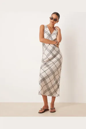 ASOS V-neck satin slip midi dress in white and black plaid