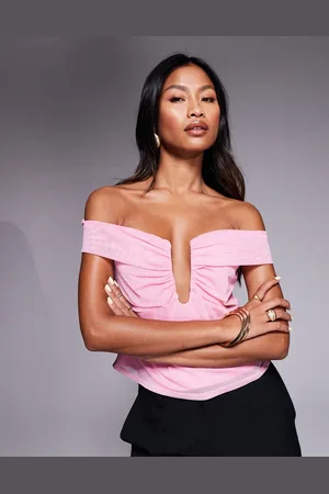 ASOS Mesh plunge detail bardot top in baby