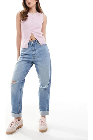 ASOS High rise relaxed mom jeans in mid wash with knee rips