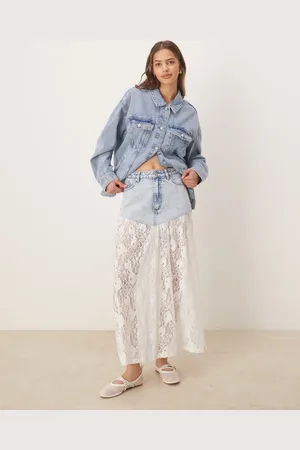 ASOS Denim maxi skirt in light wash with lace hem