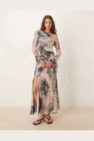 ASOS Fallen shoulder midi dress with seaming details in inky floral