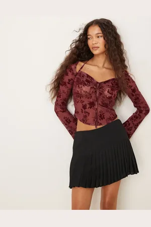 ASOS Long sleeve sheer floral mesh top in burgundy