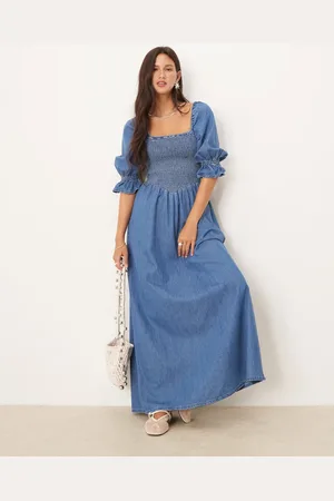 ASOS Soft denim puff sleeve maxi dress with shirring in mid wash