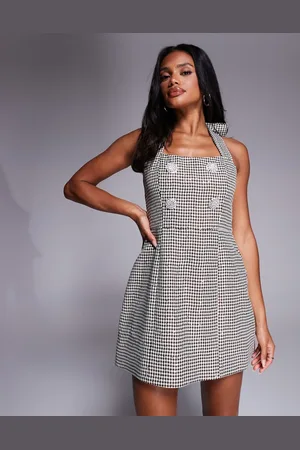ASOS Sequin houndstooth halter mini dress with embellished buttons in chocolate