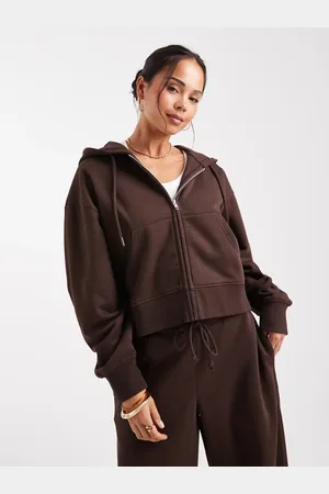 ASOS Cropped zip up brushback hoodie in chocolate