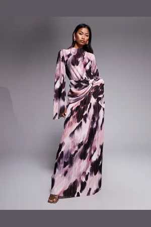 ASOS Plisse drape long sleeve maxi dress in pastel blurred print