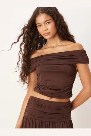 ASOS Mix & match ruched off the shoulder top in chocolate - part of a set