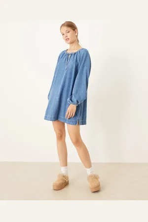 ASOS Denim mini dress with balloon sleeves in clean mid wash