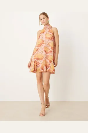 ASOS High neck godet mini dress in blown-up floral print