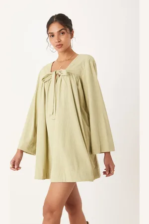 ASOS Cord tie front mini smock dress in winter wasabi