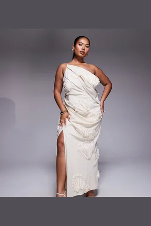 ASOS ASOS DESIGN Curve textured floral one shoulder maxi dress in natural
