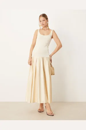 ASOS Scoop neck drop waist midi dress with satin skirt in champagne