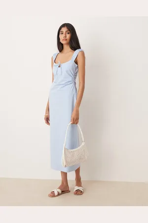 ASOS Ruched cap sleeve tie front midi dress in baby